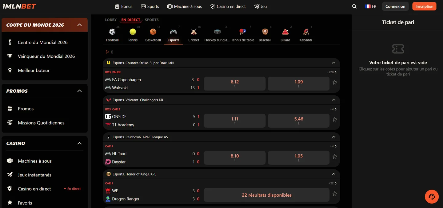 Paris e-sport sur 1mln bet — CS2 et Valorant en direct